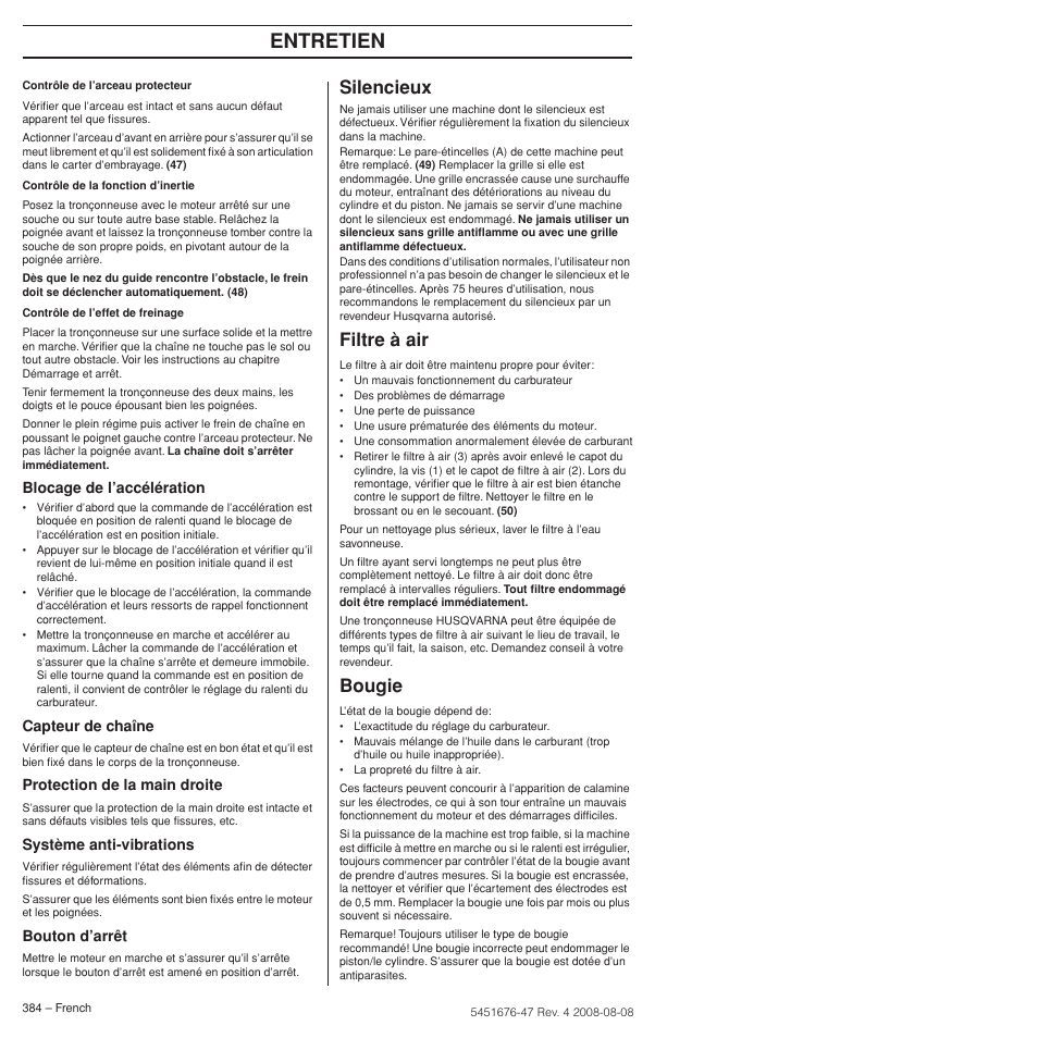 Silencieux, Filtre à air, Bougie | Entretien | Husqvarna 240e User Manual | Page 384 / 464
