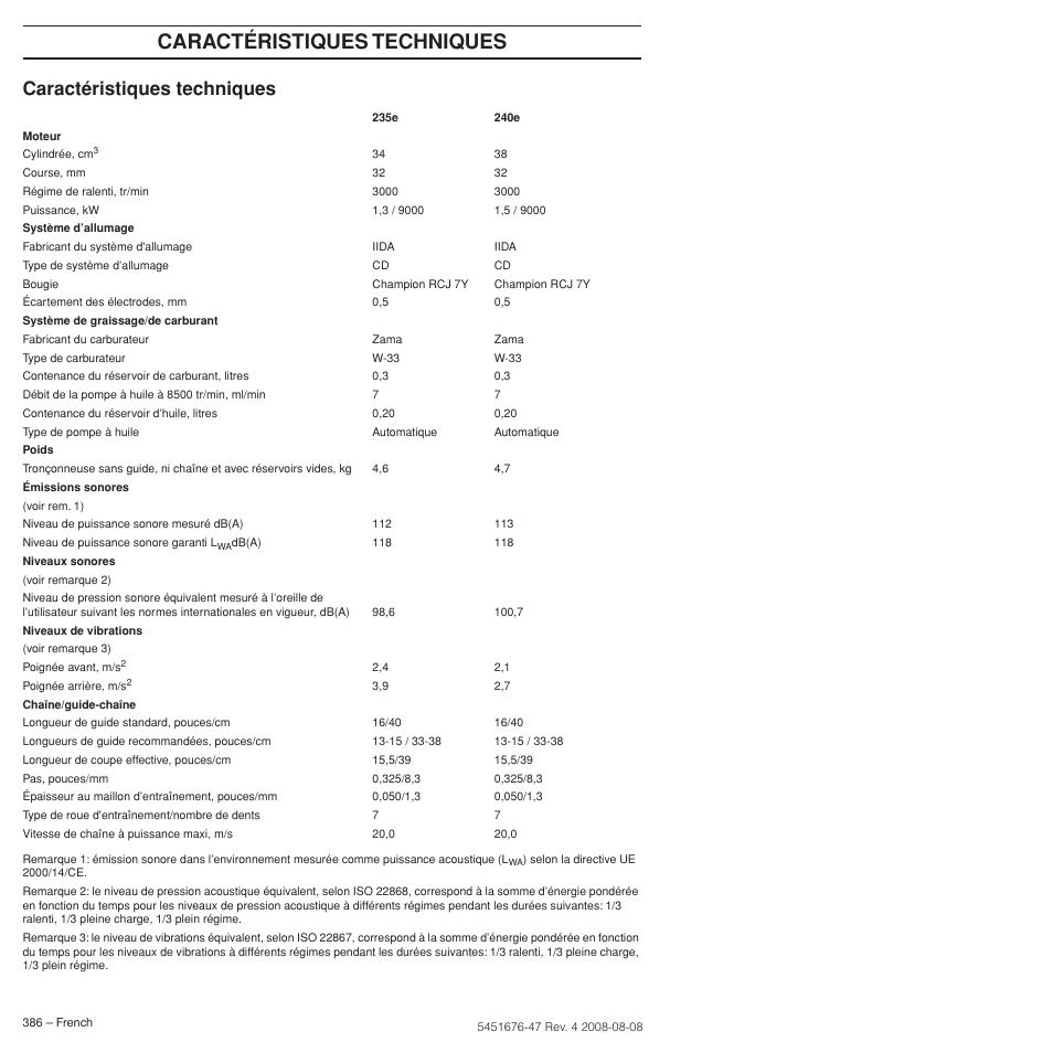 Caractéristiques techniques | Husqvarna 240e User Manual | Page 386 / 464
