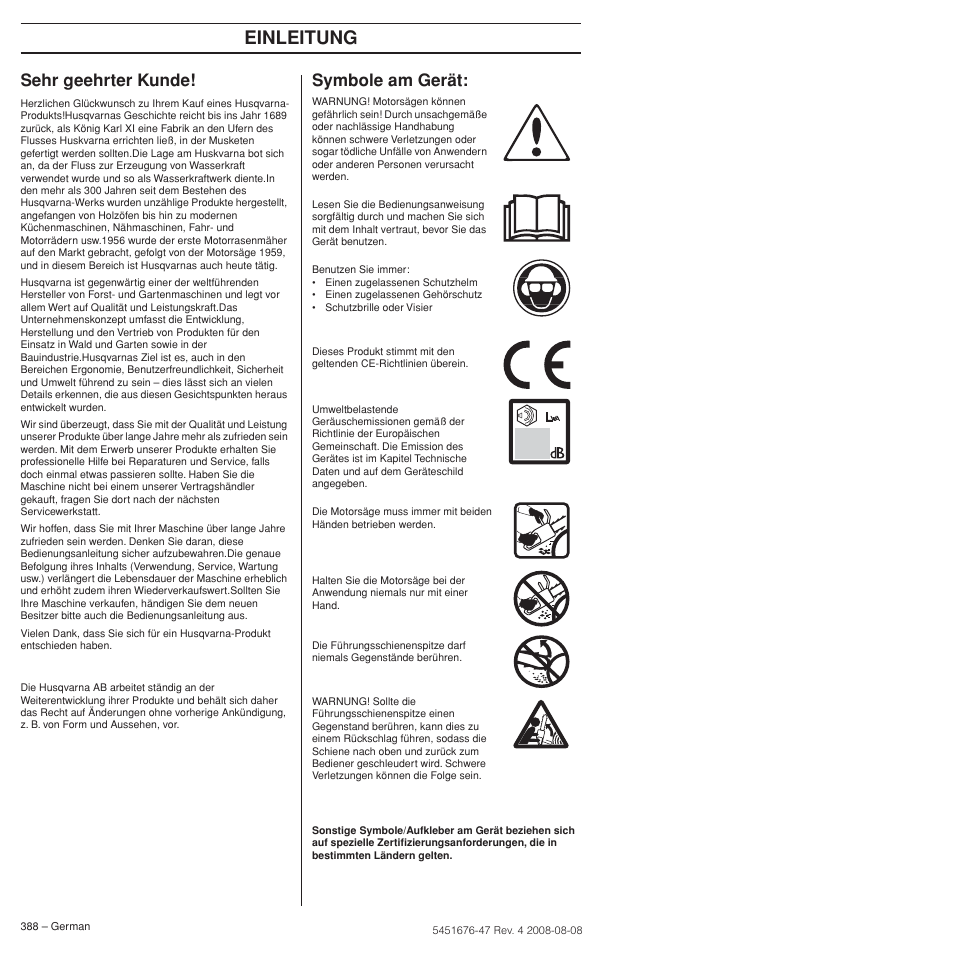 Sehr geehrter kunde, Symbole am gerät, Einleitung | Husqvarna 240e User Manual | Page 388 / 464