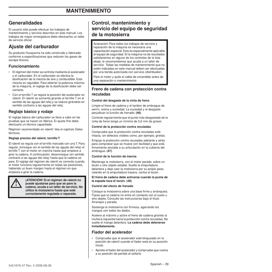Generalidades, Ajuste del carburador, Mantenimiento | Husqvarna 240e User Manual | Page 39 / 464