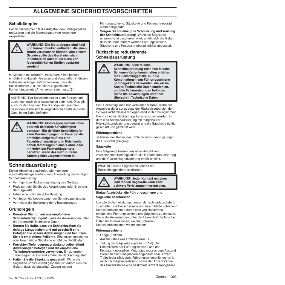 Schneidausrüstung, Allgemeine sicherheitsvorschriften | Husqvarna 240e User Manual | Page 393 / 464