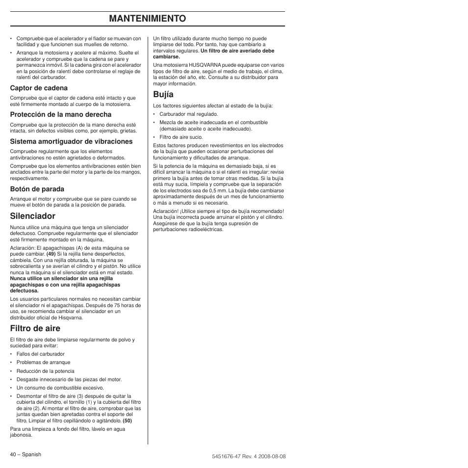 Silenciador, Filtro de aire, Bujía | Mantenimiento | Husqvarna 240e User Manual | Page 40 / 464