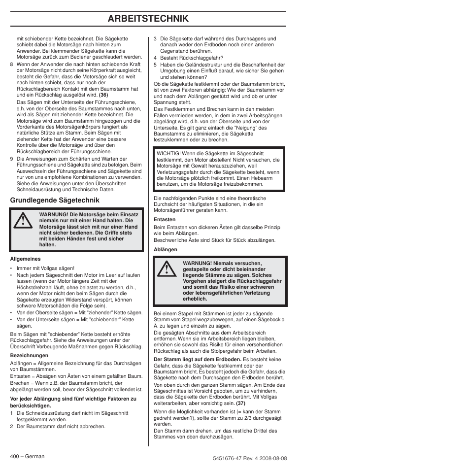 Arbeitstechnik | Husqvarna 240e User Manual | Page 400 / 464