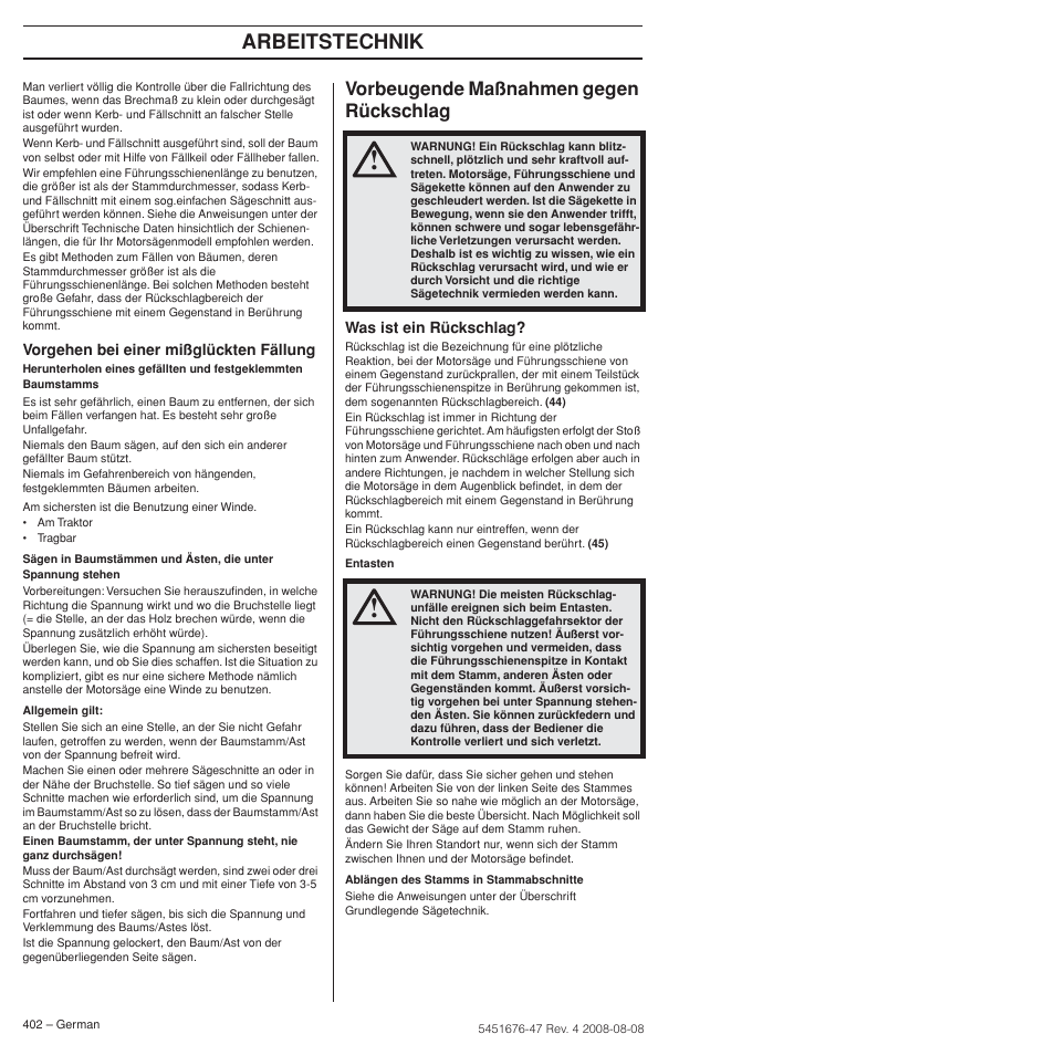 Vorbeugende maßnahmen gegen rückschlag, Arbeitstechnik | Husqvarna 240e User Manual | Page 402 / 464