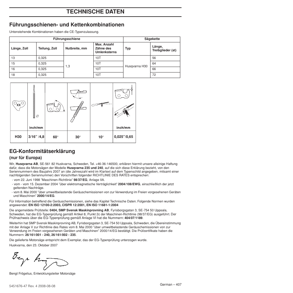 Führungsschienen- und kettenkombinationen, Eg-konformitätserklärung, Technische daten | Husqvarna 240e User Manual | Page 407 / 464