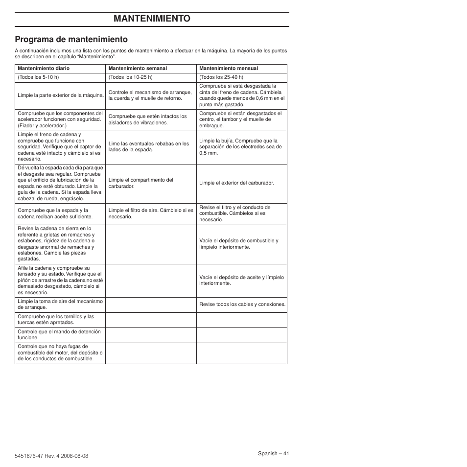 Programa de mantenimiento, Mantenimiento | Husqvarna 240e User Manual | Page 41 / 464