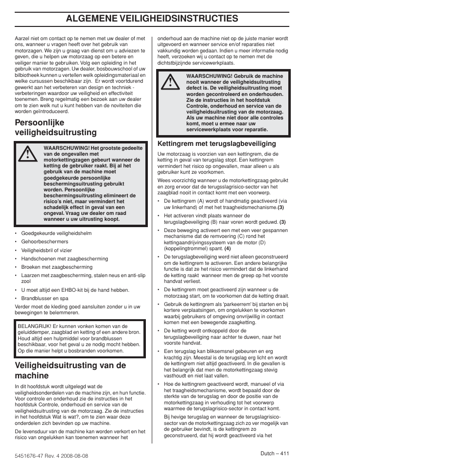 Persoonlijke veiligheidsuitrusting, Veiligheidsuitrusting van de machine, Algemene veiligheidsinstructies | Husqvarna 240e User Manual | Page 411 / 464