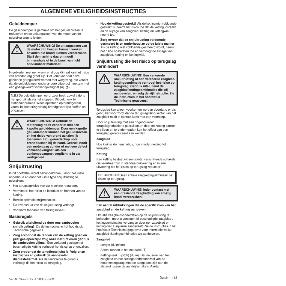 Snijuitrusting, Algemene veiligheidsinstructies | Husqvarna 240e User Manual | Page 413 / 464