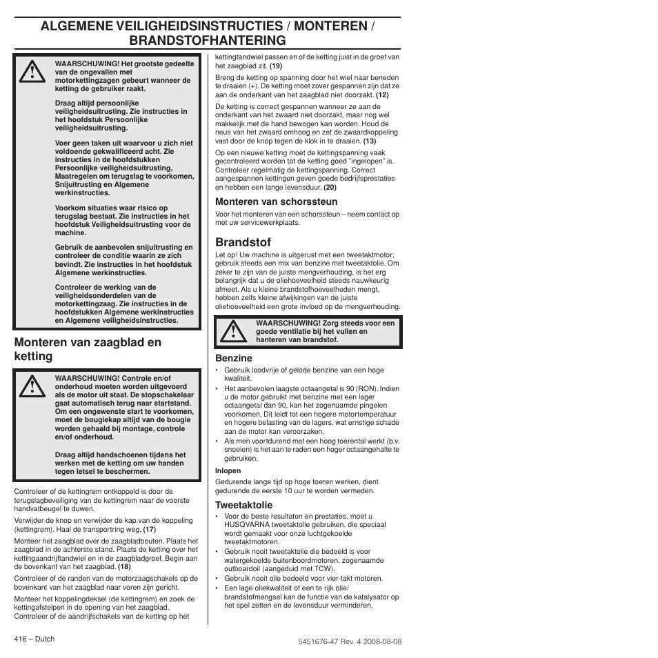 Monteren van zaagblad en ketting, Brandstof | Husqvarna 240e User Manual | Page 416 / 464