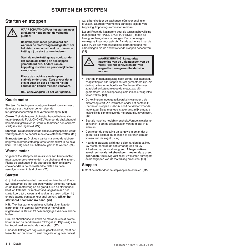 Starten en stoppen | Husqvarna 240e User Manual | Page 418 / 464
