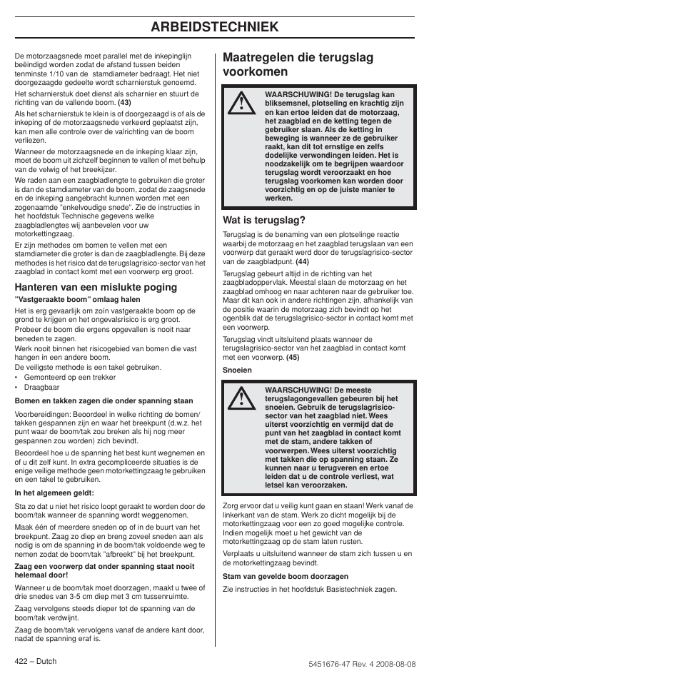Maatregelen die terugslag voorkomen, Arbeidstechniek | Husqvarna 240e User Manual | Page 422 / 464