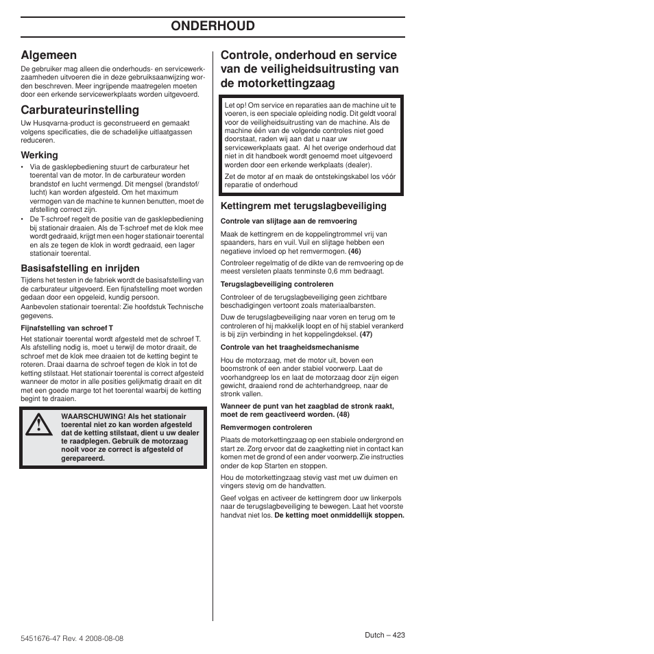 Algemeen, Carburateurinstelling, Onderhoud | Husqvarna 240e User Manual | Page 423 / 464