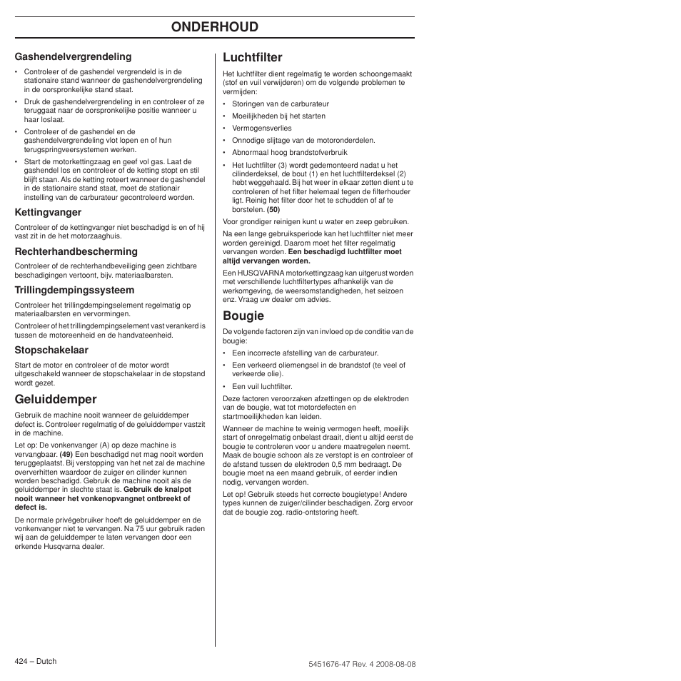 Geluiddemper, Luchtfilter, Bougie | Onderhoud | Husqvarna 240e User Manual | Page 424 / 464