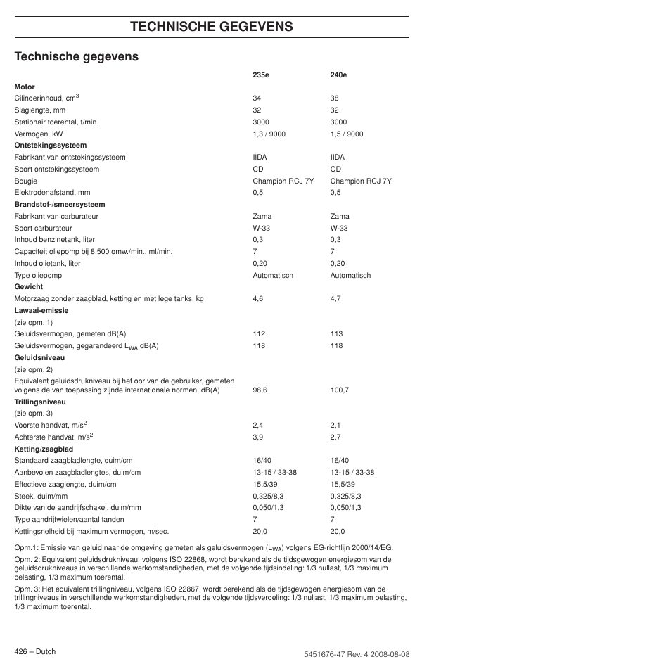Technische gegevens | Husqvarna 240e User Manual | Page 426 / 464