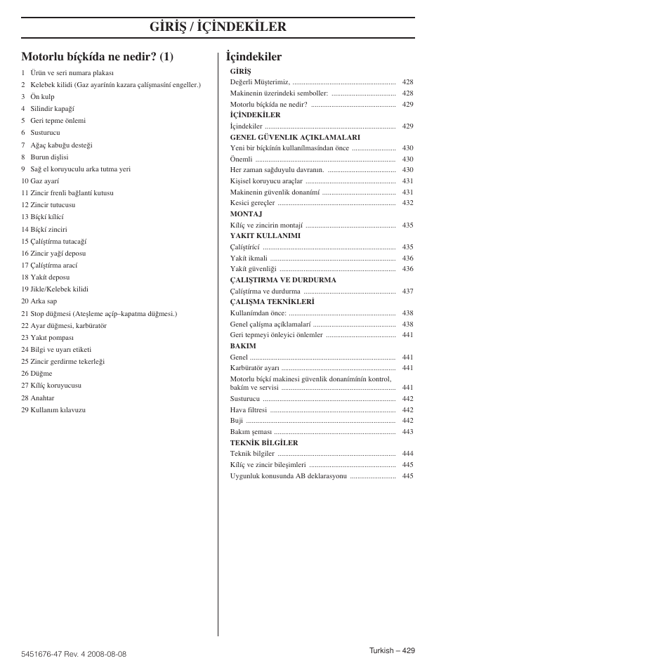 Motorlu bíçkída ne nedir? (1), Çindekiler, G‹r‹ﬁ / ‹ç‹ndek‹ler | Husqvarna 240e User Manual | Page 429 / 464