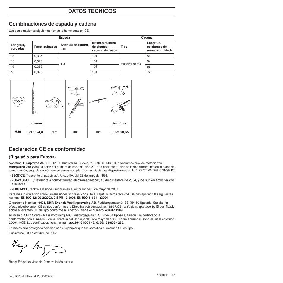 Combinaciones de espada y cadena, Declaración ce de conformidad, Datos tecnicos | Husqvarna 240e User Manual | Page 43 / 464