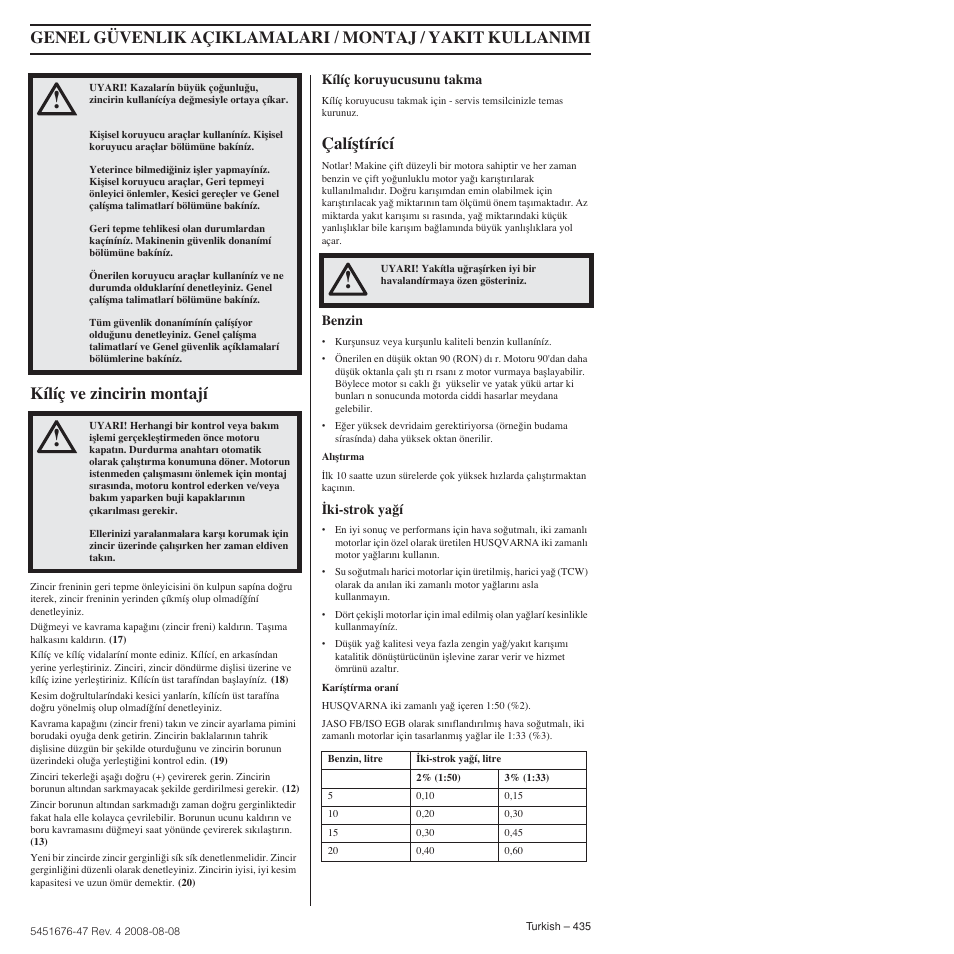 Kílíç ve zincirin montají, Çalíﬂtírící | Husqvarna 240e User Manual | Page 435 / 464