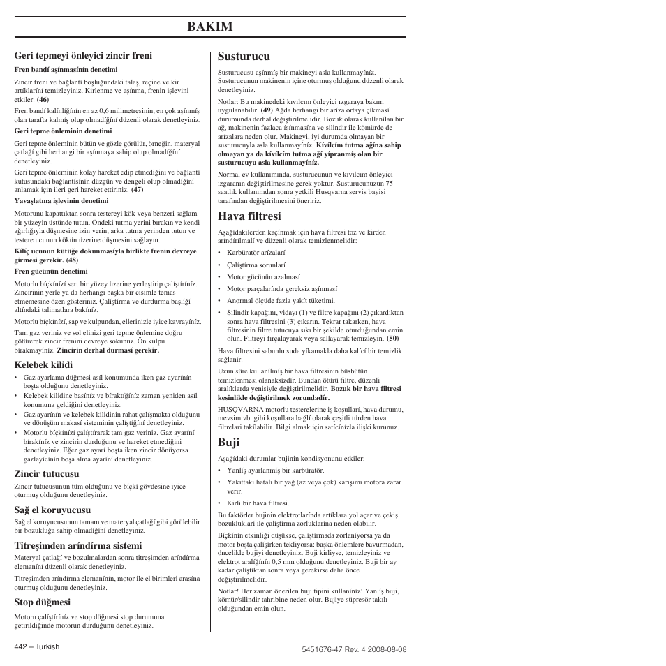 Susturucu, Hava filtresi, Buji | Bakim | Husqvarna 240e User Manual | Page 442 / 464