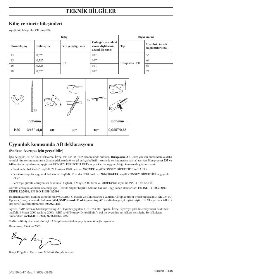 Kílíç ve zincir bileﬂimleri, Uygunluk konusunda ab deklarasyonu, Tekn‹k b‹lg‹ler | Husqvarna 240e User Manual | Page 445 / 464