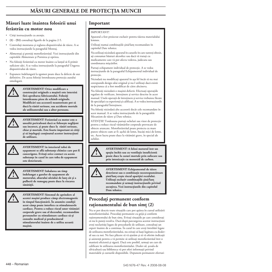 Important, Mâsuri generale de protecöia muncii | Husqvarna 240e User Manual | Page 448 / 464
