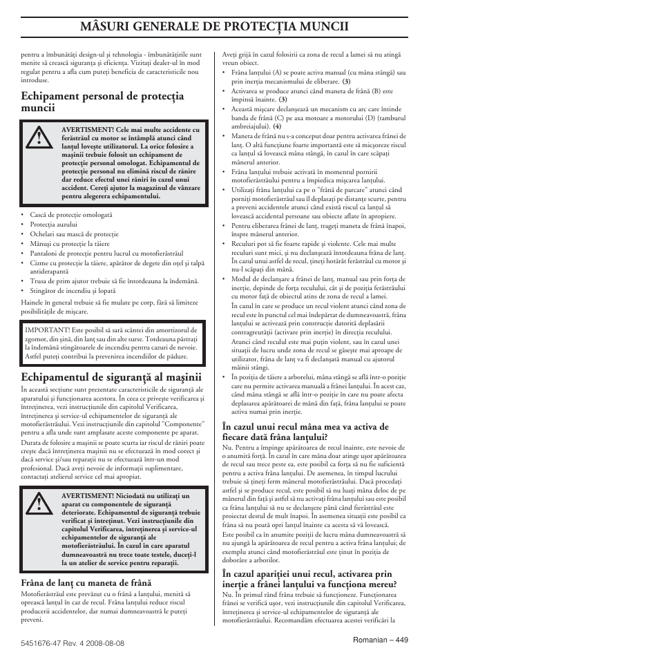 Echipament personal de protecöia muncii, Echipamentul de siguranöã al maäinii, Mâsuri generale de protecöia muncii | Husqvarna 240e User Manual | Page 449 / 464
