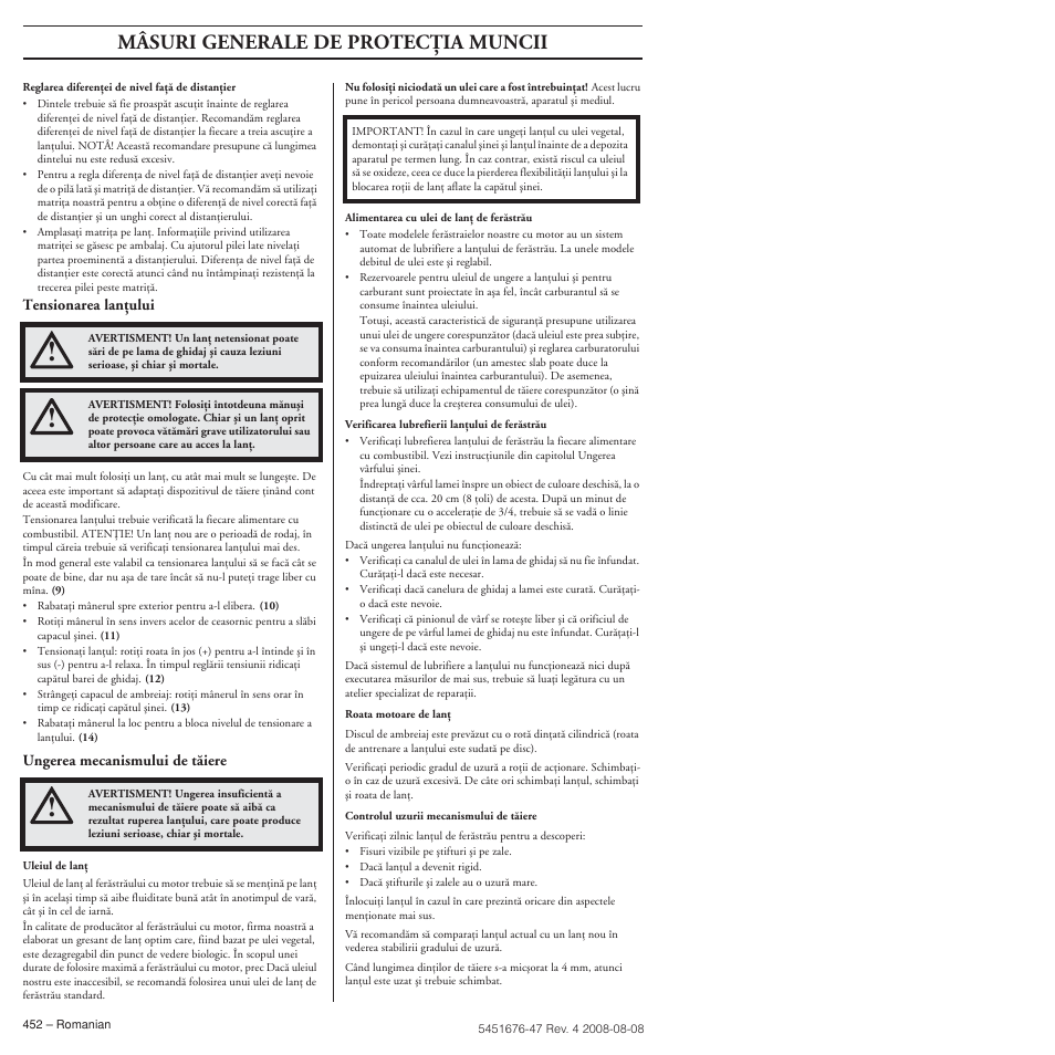 Mâsuri generale de protecöia muncii | Husqvarna 240e User Manual | Page 452 / 464