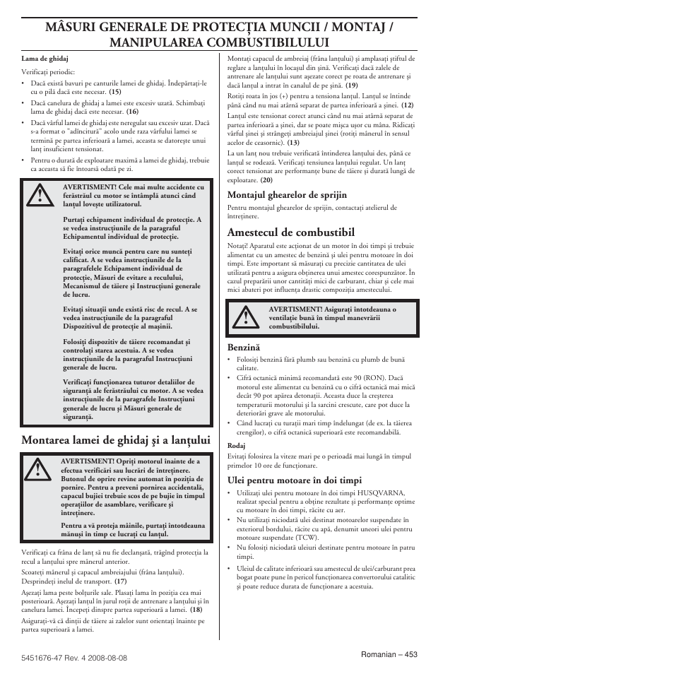 Montarea lamei de ghidaj äi a lanöului, Amestecul de combustibil | Husqvarna 240e User Manual | Page 453 / 464