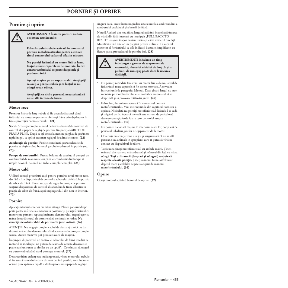 Pornire äi oprire | Husqvarna 240e User Manual | Page 455 / 464