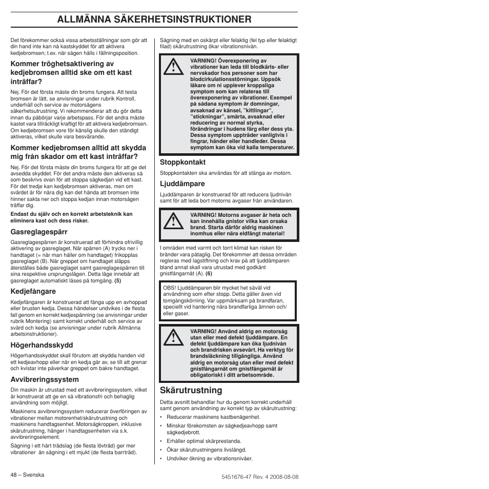 Skärutrustning, Allmänna säkerhetsinstruktioner | Husqvarna 240e User Manual | Page 48 / 464