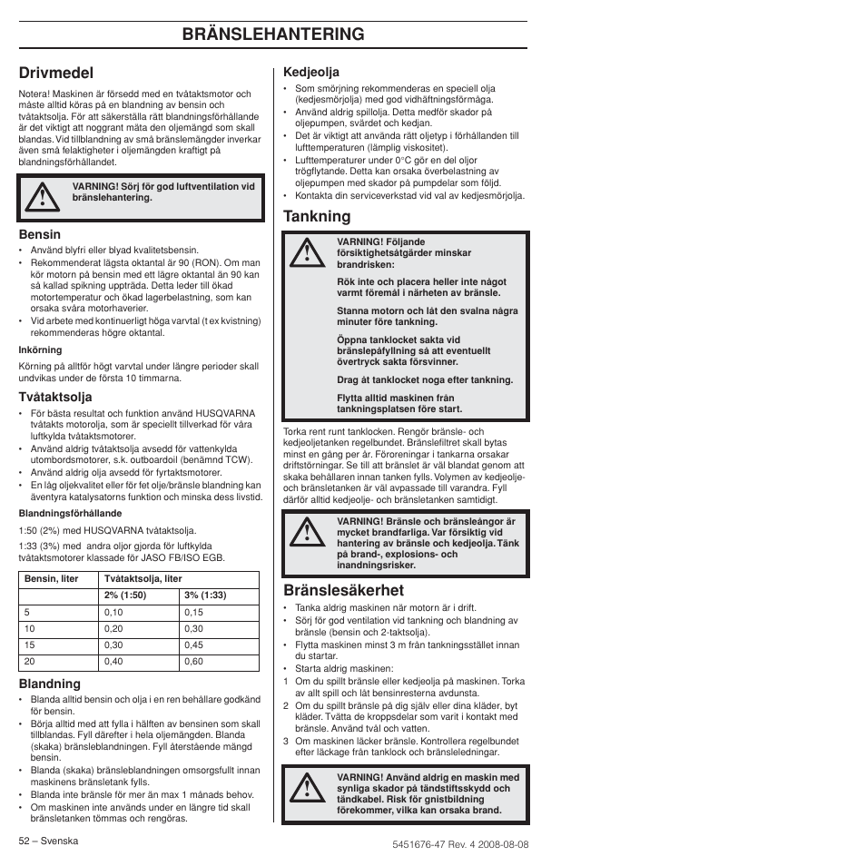 Drivmedel, Tankning, Bränslesäkerhet | Bränslehantering | Husqvarna 240e User Manual | Page 52 / 464