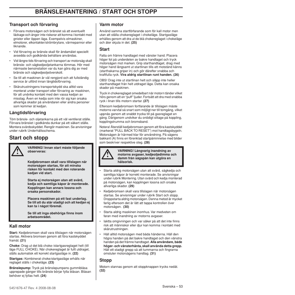 Start och stopp, Bränslehantering / start och stopp | Husqvarna 240e User Manual | Page 53 / 464