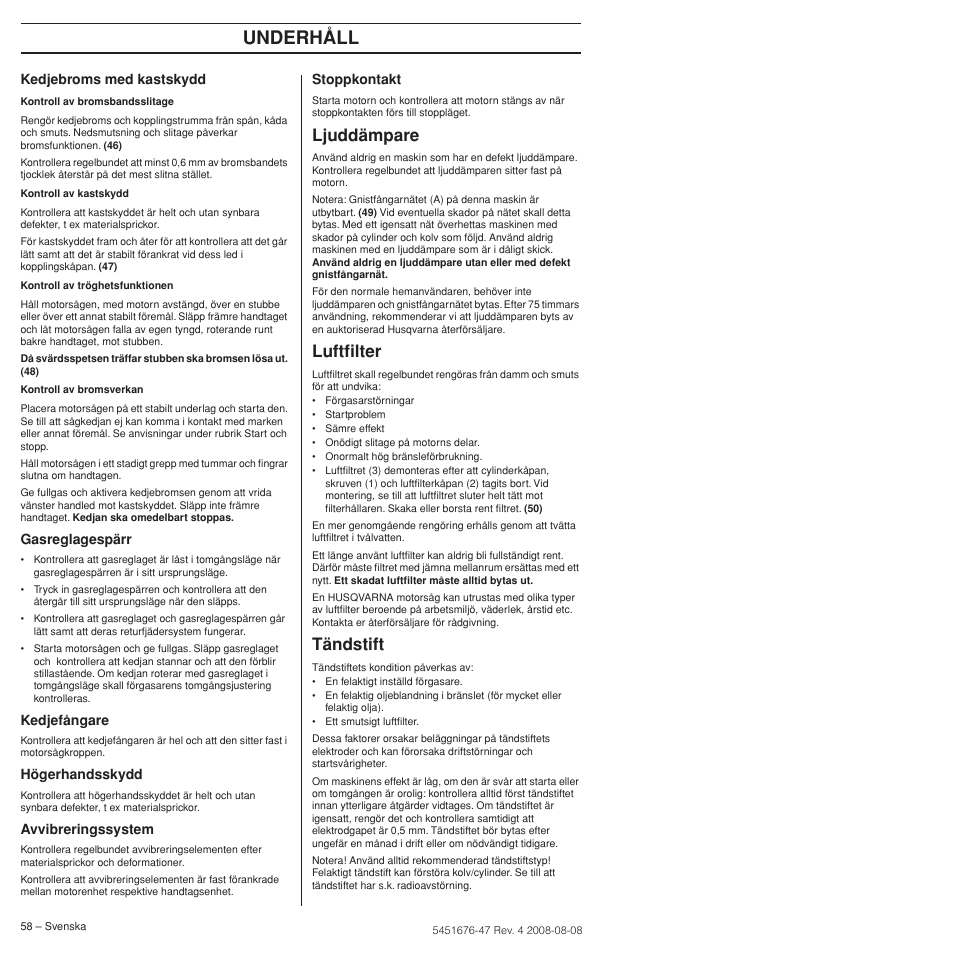 Ljuddämpare, Luftfilter, Tändstift | Underhåll | Husqvarna 240e User Manual | Page 58 / 464