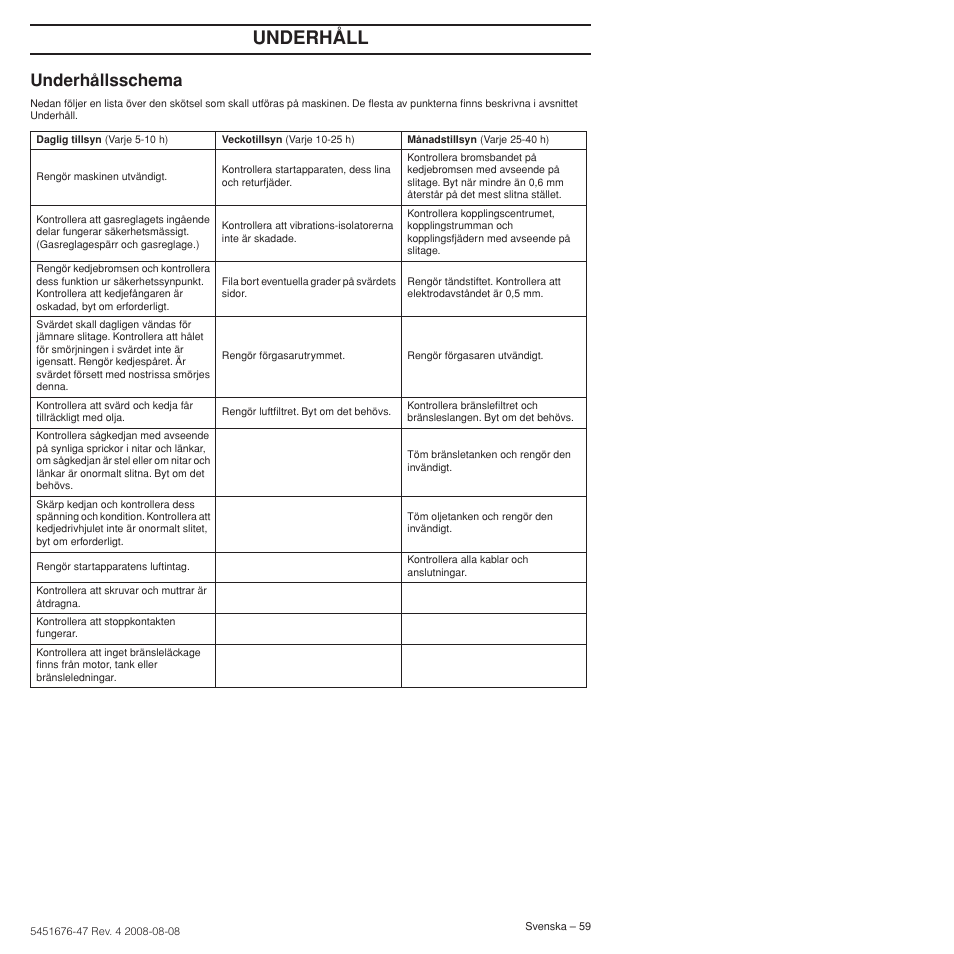 Underhållsschema, Underhåll | Husqvarna 240e User Manual | Page 59 / 464