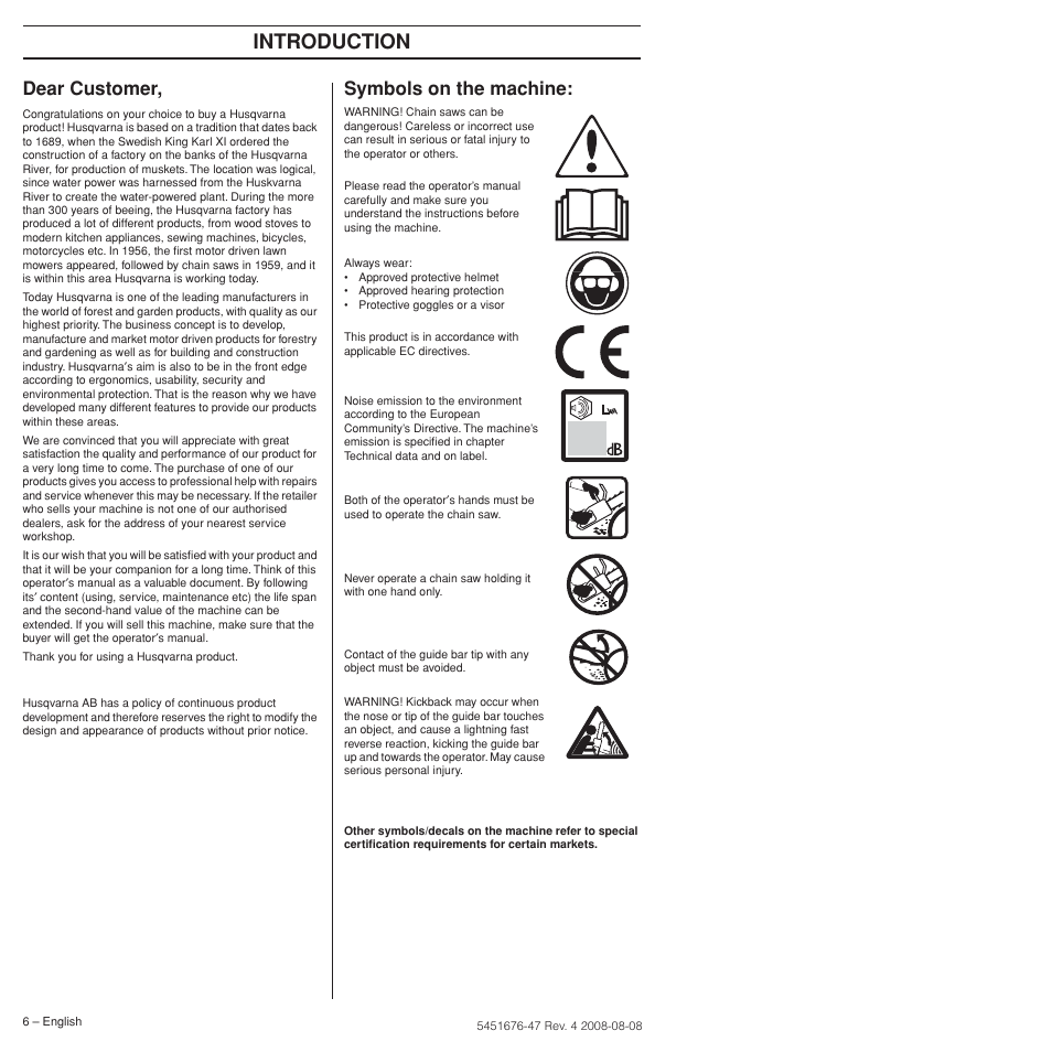 Dear customer, Symbols on the machine, Intr oduction | Symbols on the mac hine | Husqvarna 240e User Manual | Page 6 / 464