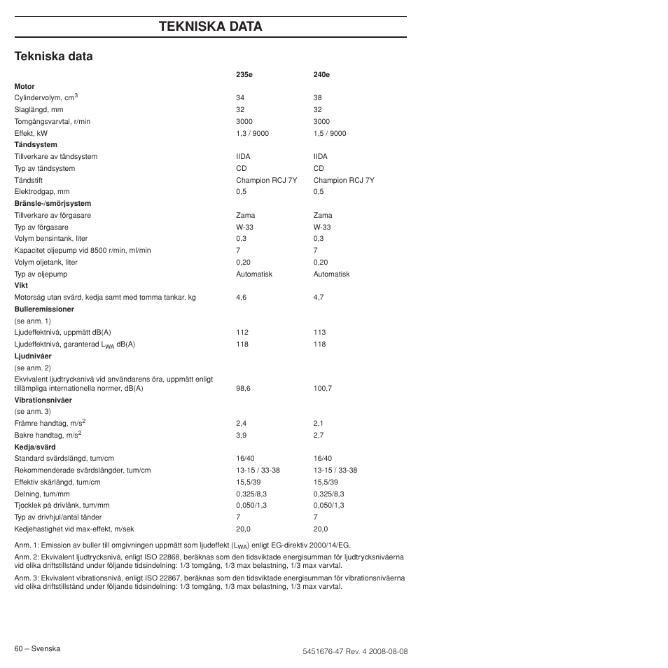 Tekniska data | Husqvarna 240e User Manual | Page 60 / 464
