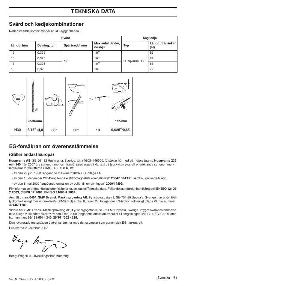 Svärd och kedjekombinationer, Eg-försäkran om överensstämmelse, Tekniska data | Husqvarna 240e User Manual | Page 61 / 464