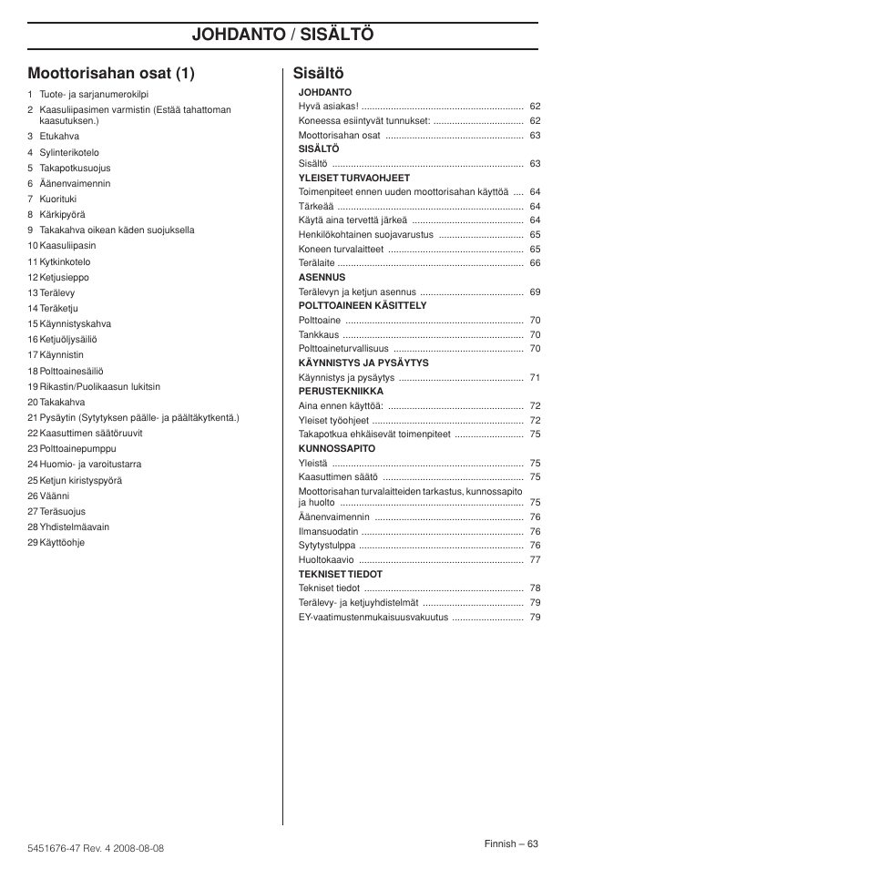 Moottorisahan osat (1), Sisältö, Johdanto / sisältö | Husqvarna 240e User Manual | Page 63 / 464