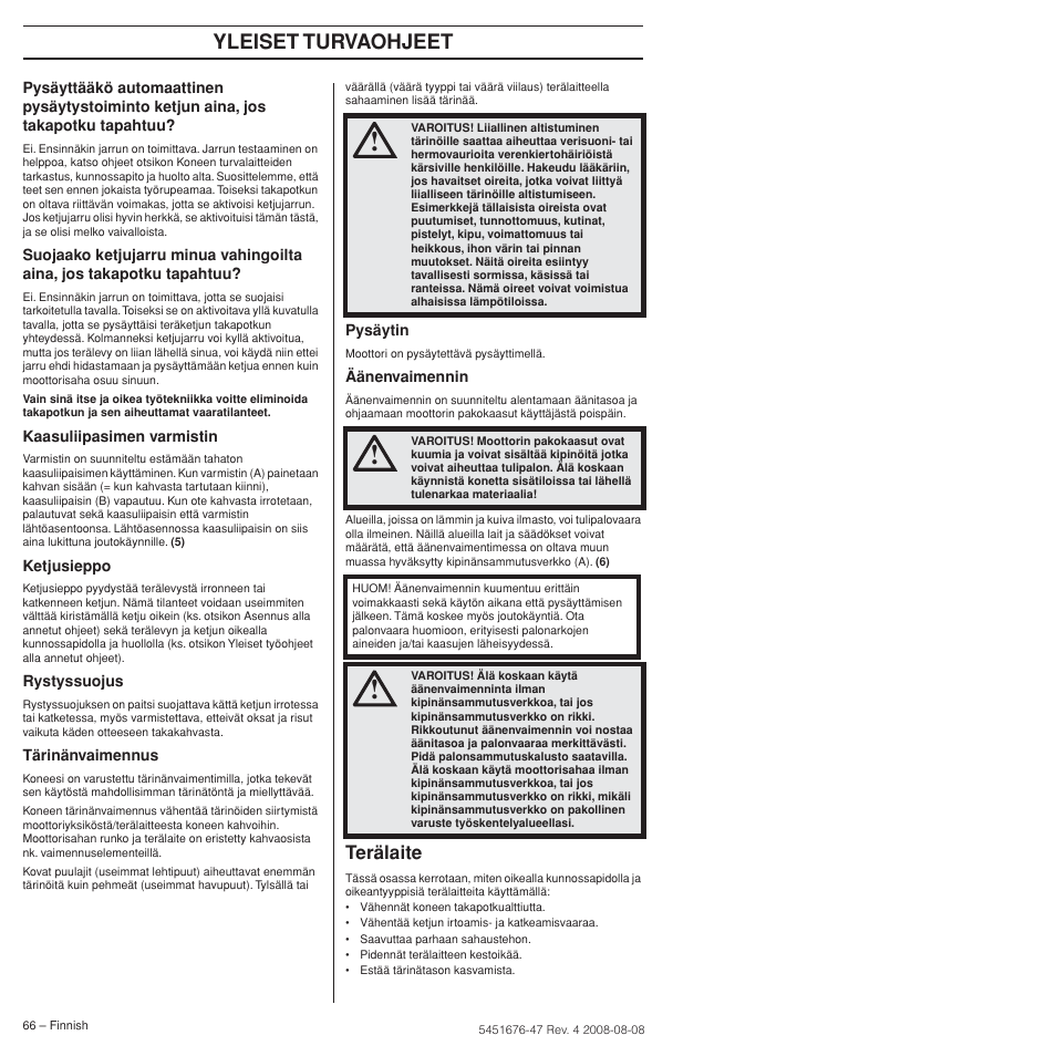 Terälaite, Yleiset turvaohjeet | Husqvarna 240e User Manual | Page 66 / 464