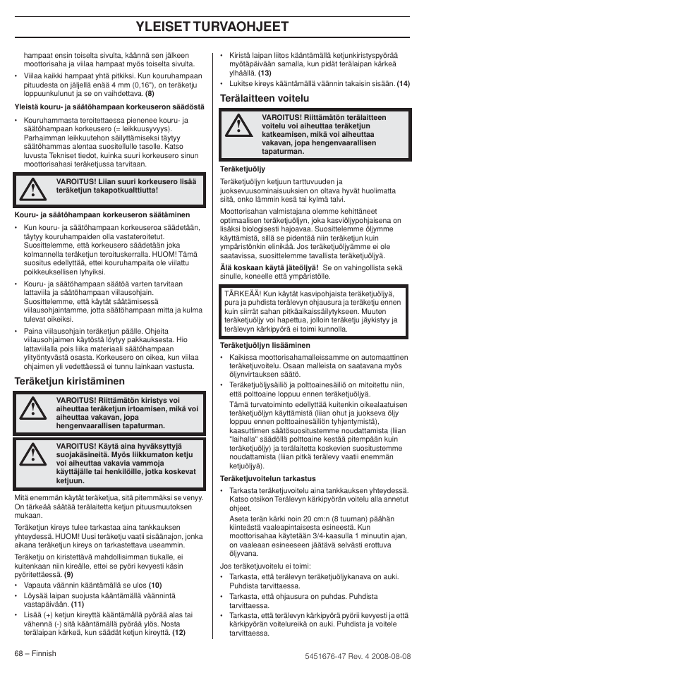 Yleiset turvaohjeet | Husqvarna 240e User Manual | Page 68 / 464