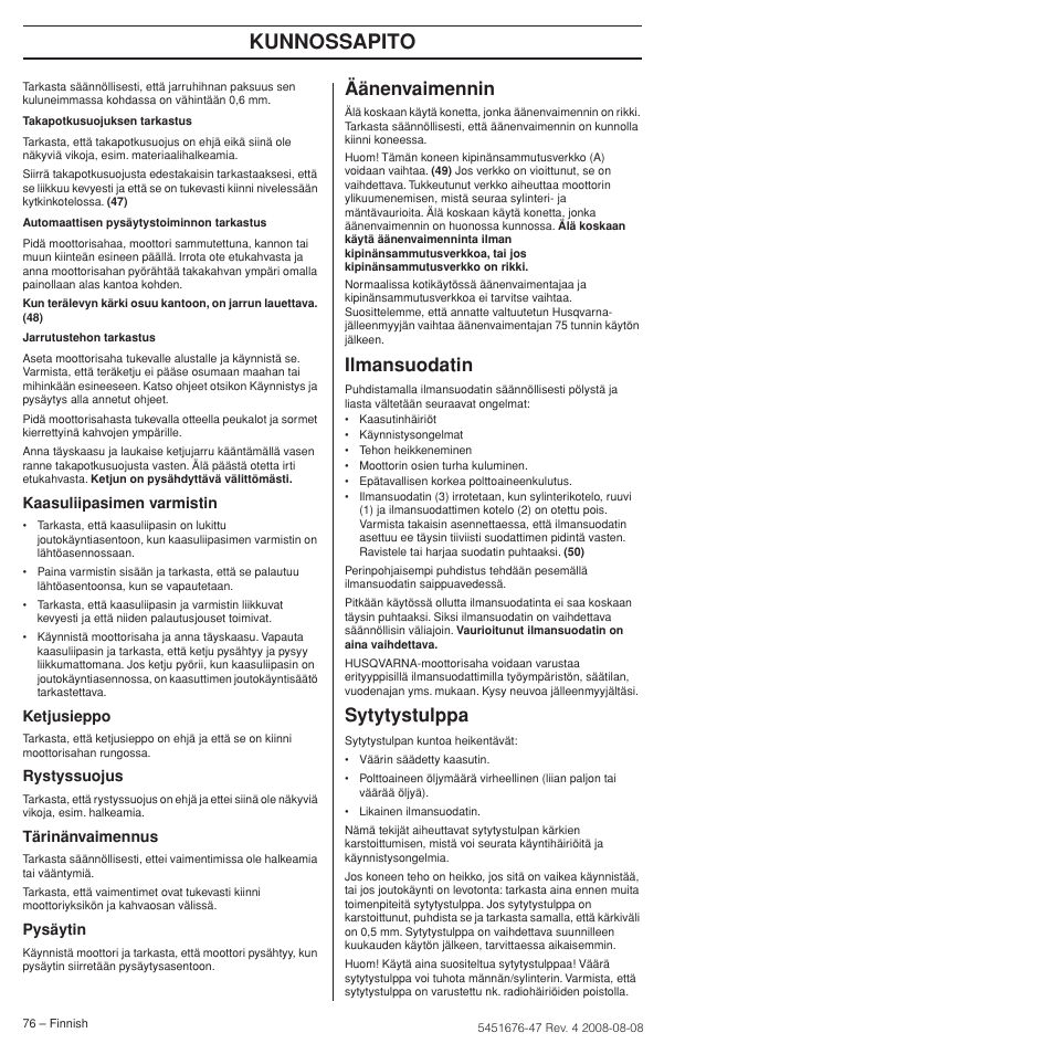 Äänenvaimennin, Ilmansuodatin, Sytytystulppa | Kunnossapito | Husqvarna 240e User Manual | Page 76 / 464