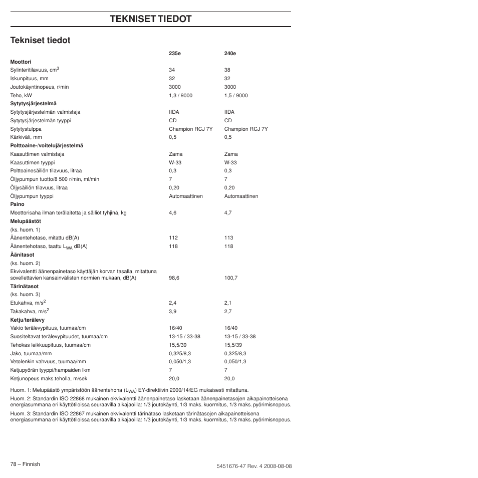 Tekniset tiedot | Husqvarna 240e User Manual | Page 78 / 464