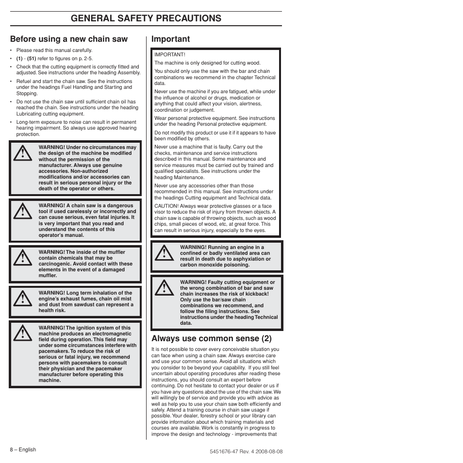Before using a new chain saw, Important, Always use common sense (2) | General safety precautions, Important always use common sense (2) | Husqvarna 240e User Manual | Page 8 / 464