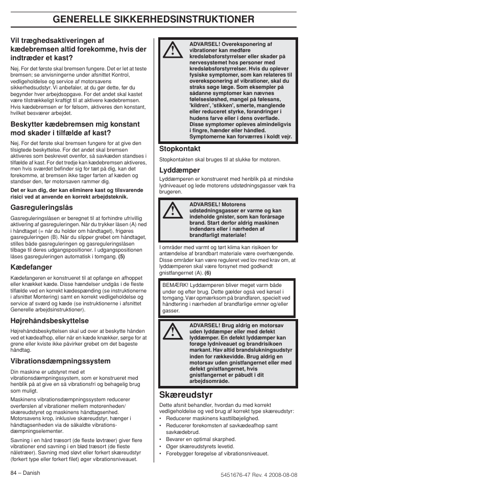 Skæreudstyr, Generelle sikkerhedsinstruktioner | Husqvarna 240e User Manual | Page 84 / 464