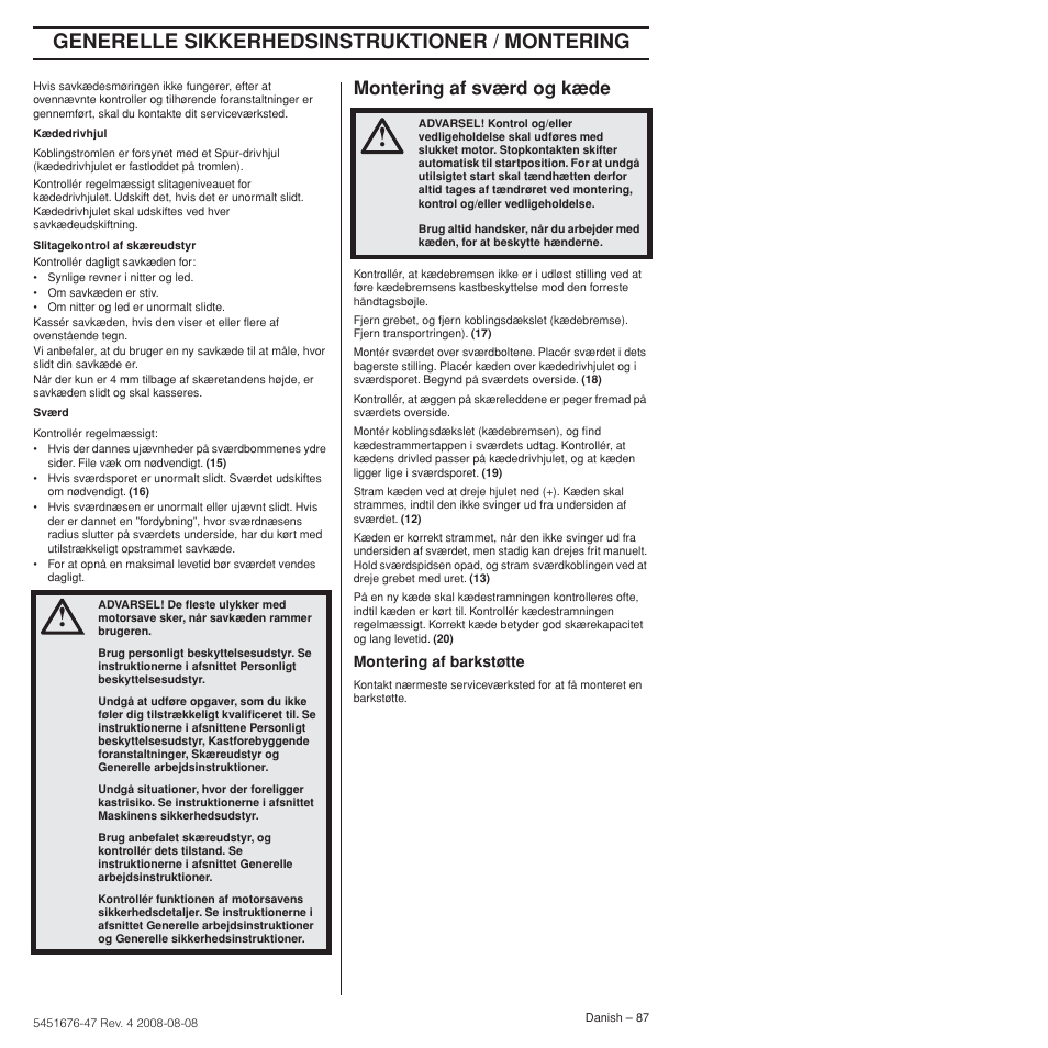 Montering af sværd og kæde, Generelle sikkerhedsinstruktioner / montering | Husqvarna 240e User Manual | Page 87 / 464
