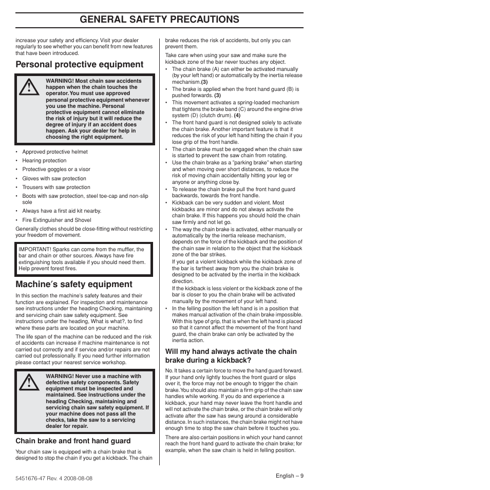 Personal protective equipment, Machine¢s safety equipment, General safety precautions | Machine ′ s safety equipment | Husqvarna 240e User Manual | Page 9 / 464