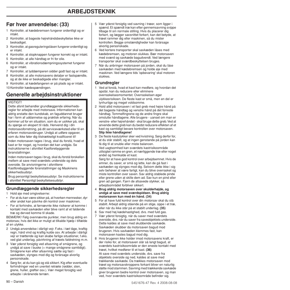 Før hver anvendelse: (33), Generelle arbejdsinstruktioner, Arbejdsteknik | Husqvarna 240e User Manual | Page 90 / 464