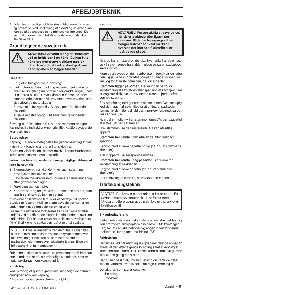 Arbejdsteknik | Husqvarna 240e User Manual | Page 91 / 464