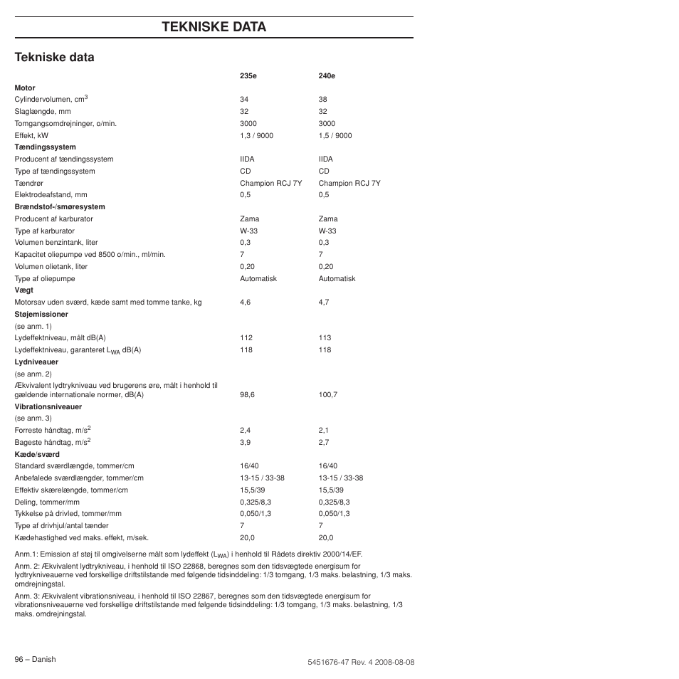 Tekniske data | Husqvarna 240e User Manual | Page 96 / 464