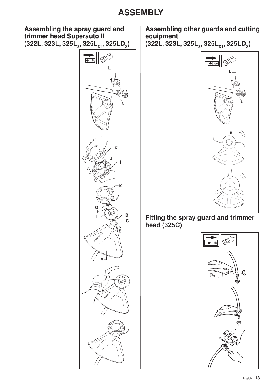 Assembly, Fitting the spray guard and trimmer head (325c), 325l | 325ld | Husqvarna 322 L User Manual | Page 13 / 36