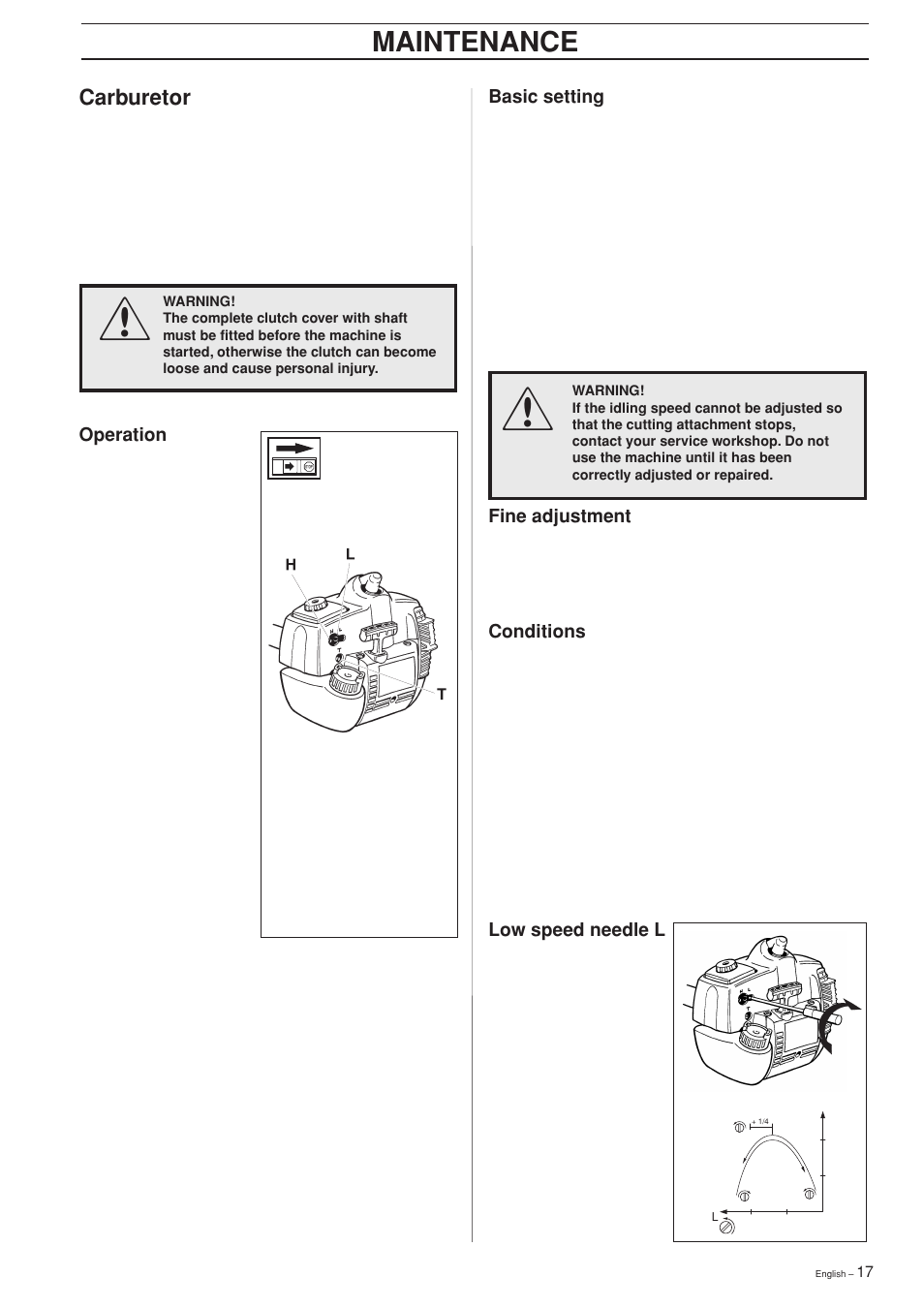 Maintenance, Carburetor | Husqvarna 322 L User Manual | Page 17 / 36